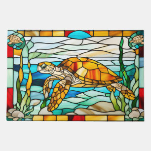 Stained Glass Sea Turtle Swimming in the Ocean Doormat