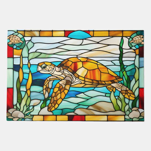 Stained Glass Sea Turtle Swimming in the Ocean  Doormat (Front)