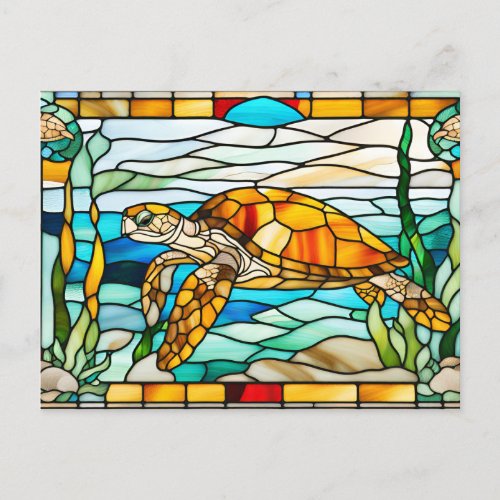 Stained Glass Sea Turtle Swimming in the Ocean  Postcard