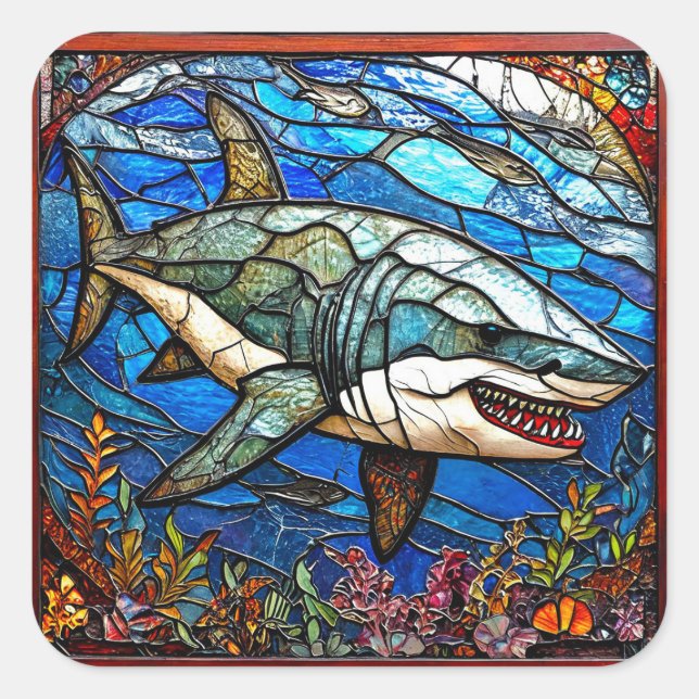 Stained glass shark square sticker (Front)