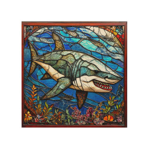 Stained glass shark wood wall art