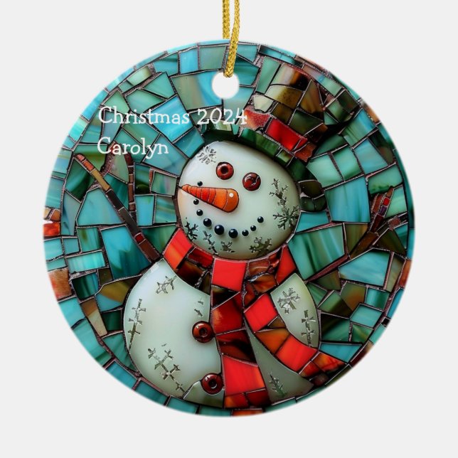 Stained Glass Snowman Personalized Ceramic Ornament (Front)