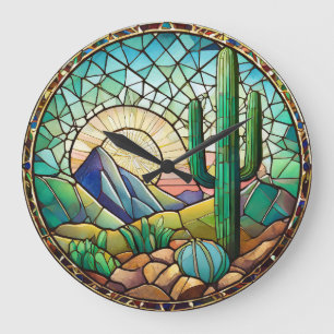 Stained Glass Southwestern Desert Cactus Large Clock