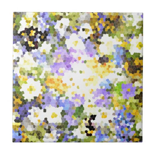 Stained Glass Spring Flowers Yellow Violet Green Tile