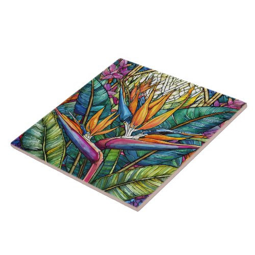 Stained glass style Bird of paradise art Ceramic Tile