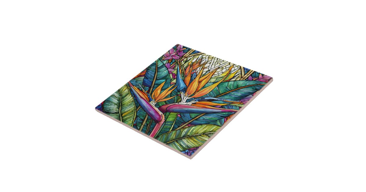 Stained glass style Bird of paradise art Ceramic Tile | Zazzle