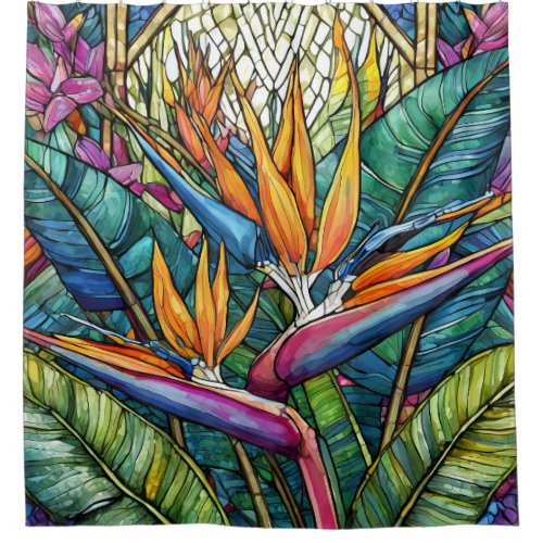 Stained glass style bird of paradise shower curtain