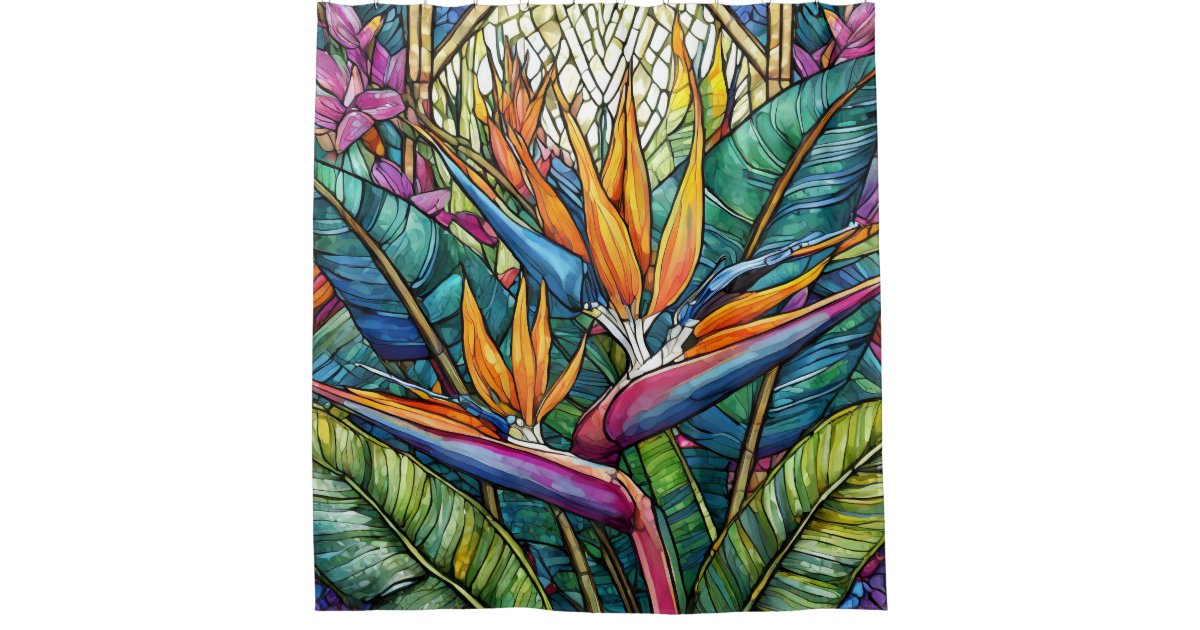 Stained glass style bird of paradise shower curtain | Zazzle