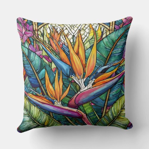 Stained glass style bird of paradise throw pillow