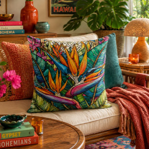 Stained glass style bird of paradise throw pillow