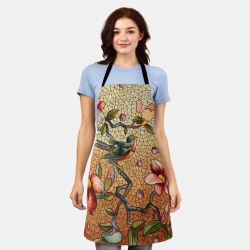 Stained glass style bird on a flowering tree apron