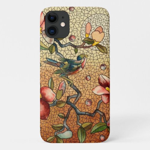 Stained glass style bird on a flowering tree iPhone 11 case