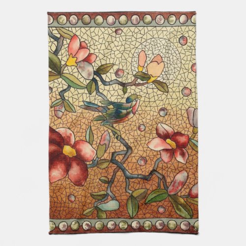 Stained glass style bird on a flowering tree kitchen towel