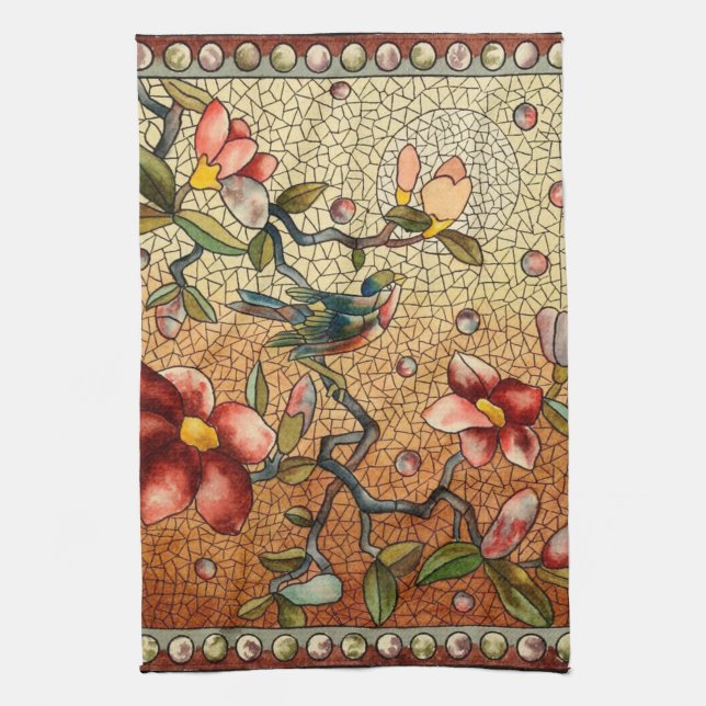 Stained glass style bird on a flowering tree kitchen towel (Vertical)