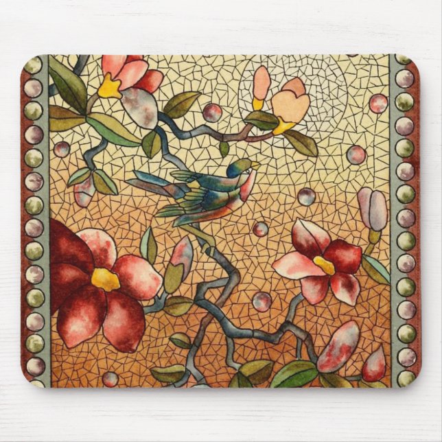 Stained glass style bird on a flowering tree mouse pad (Front)