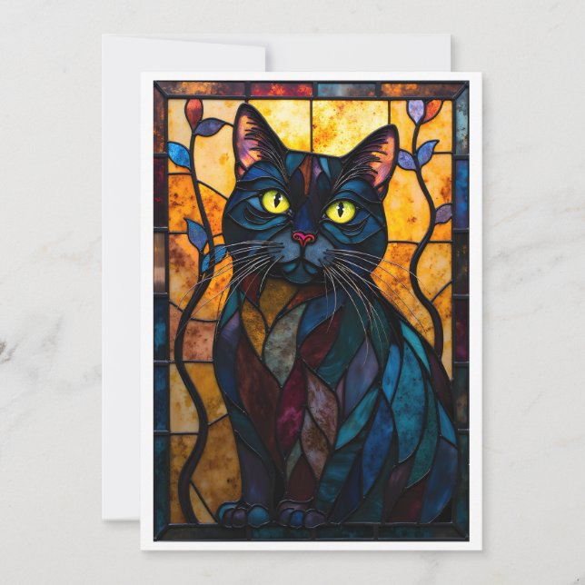 Stained Glass Style Black Cat with Leaves Flat Card (Front)