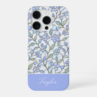 Stained Glass Style Blue Floral Personalized Name iPhone 16 Pro Case
