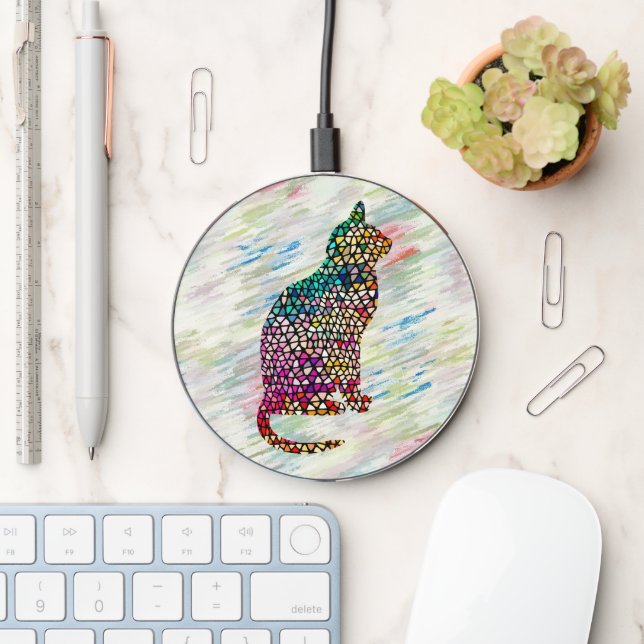 Stained Glass Style Cat Art Phone Charger (Desk)