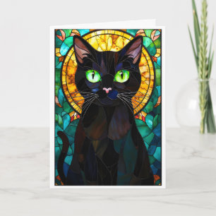 Stained Glass Style Charming Black Cat Green Eyes Card