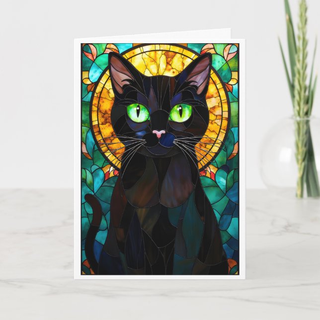 Stained Glass Style Charming Black Cat Green Eyes Card (Front)