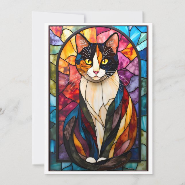 Stained Glass Style Charming Calico Cat Card (Front)