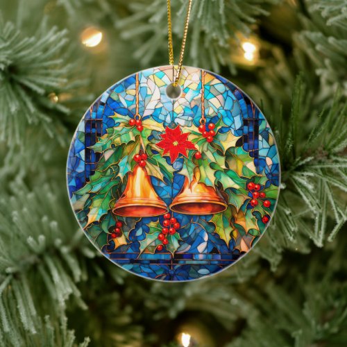 Stained Glass Style Christmas Bells and Poinsettia Ceramic Ornament