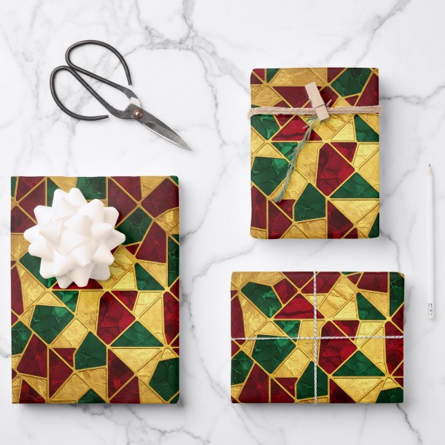 Stained Glass Style Christmas Red Green Gold  Wrapping Paper Sheets (Front)