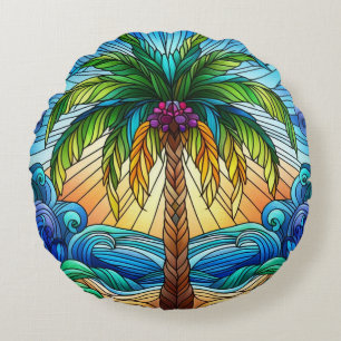 Stained Glass Style Colorful Palm Tree Round Pillow