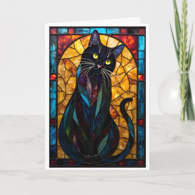 Stained Glass Style Cute Black Cat Card (Front)