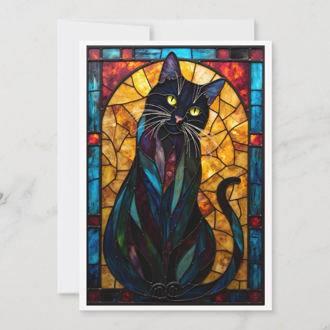 Stained Glass Style Cute Black Cat Flat Card (Front)