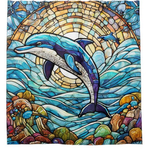 Stained glass style dolphin shower curtain