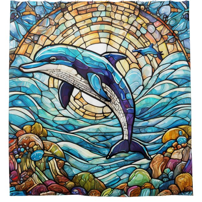 Stained glass style dolphin shower curtain (Front)