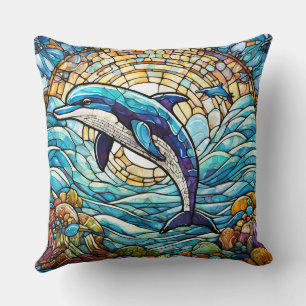 Stained glass style dolphin throw pillow