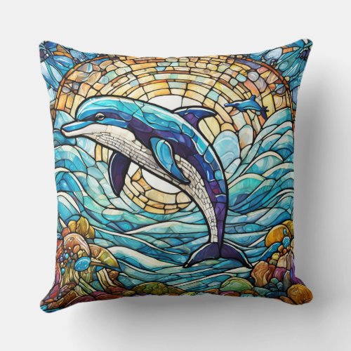 Stained glass style dolphin throw pillow