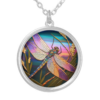 Stained Glass Style Dragonfly Series - E Silver Plated Necklace