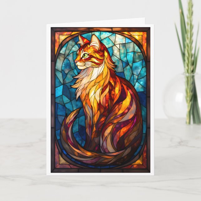 Stained Glass Style Fluffy Orange Cat  Card (Front)