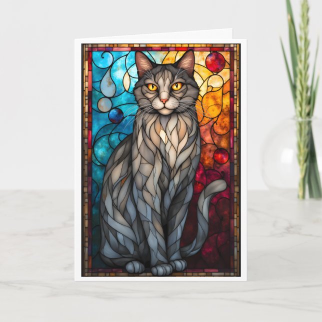 Stained Glass Style Gray Cat Card (Front)