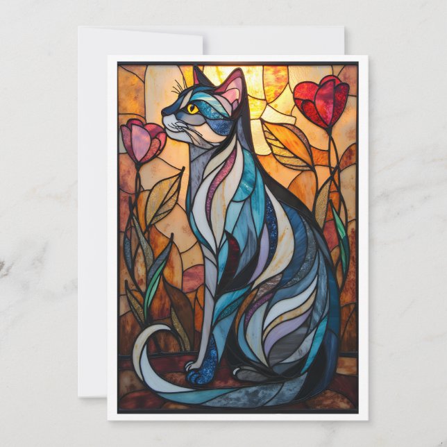 Stained Glass Style Gray Cat with Flowers Card (Front)