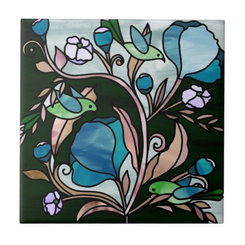 Stained glass style green birds and blue flowers  ceramic tile