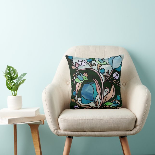 Stained glass style green birds and blue flowers   throw pillow (Chair)