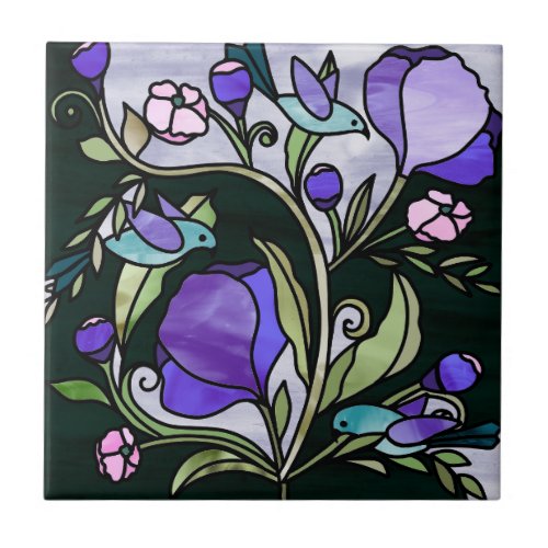 Stained glass style green birds and purple flowers ceramic tile