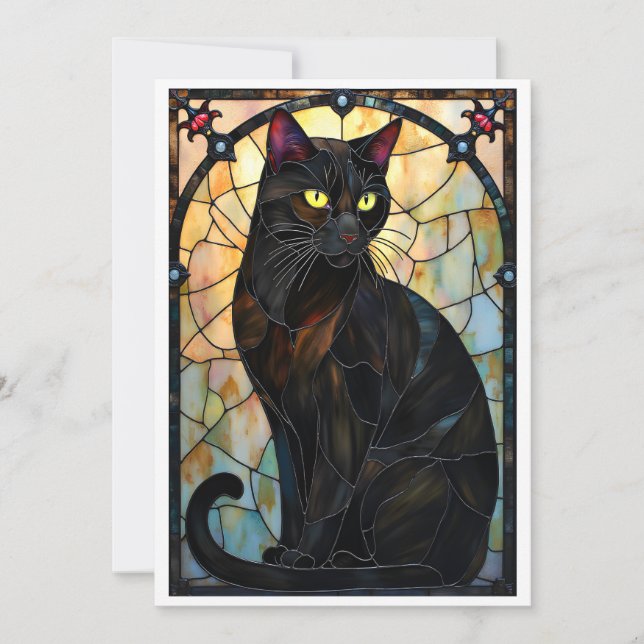 Stained Glass Style Handsome Black Cat Card (Front)