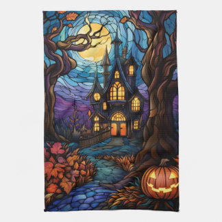 Stained Glass style haunted house Kitchen Towel