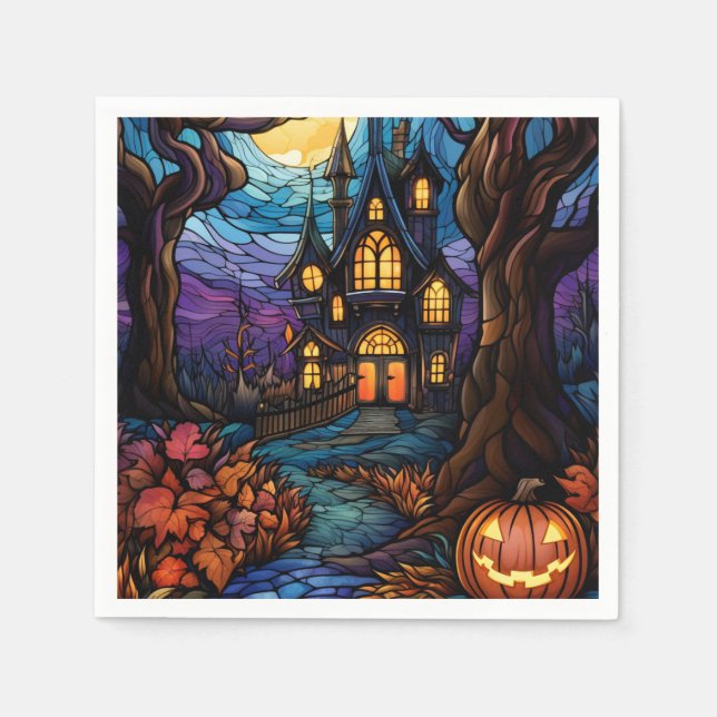 Stained Glass style haunted house Napkins (Front)