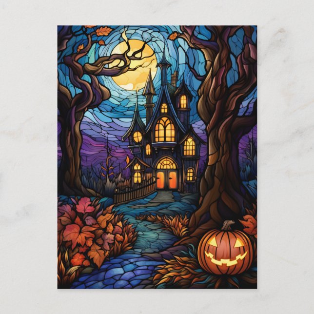 Stained Glass style haunted house Postcard (Front)