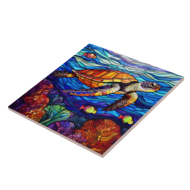 Stained glass style Hawaiian sea turtle Honu art Ceramic Tile (Side)