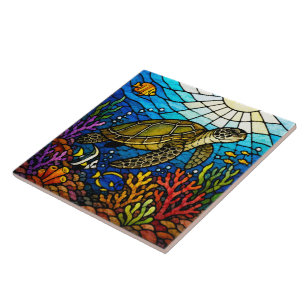 Stained glass style Hawaiian sea turtle Honu art Ceramic Tile