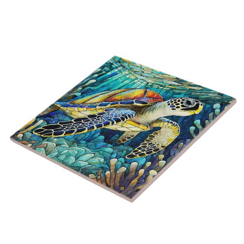 Stained glass style Hawaiian sea turtle Honu art Ceramic Tile