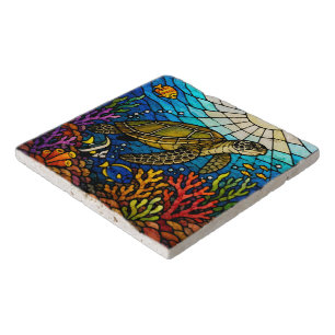 Stained glass style Hawaiian sea turtle Honu art Trivet