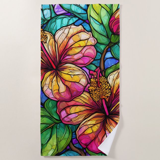 Stained glass style hibiscus beach towel (Front)
